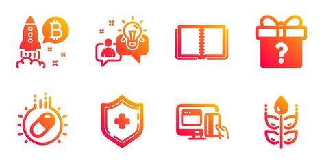 Medical shield, Idea and Online payment line icons set. Secret gift, Bitcoin project and Capsule pill signs. Book, Gluten free symbols. Medicine protection, Solution. Business set. Vector