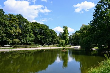 Fototapeta na wymiar Pond in the Saxon Garden (polish: Ogrod Saski) - public garden in central Warsaw, Poland, facing Piłsudski 