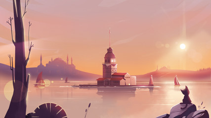 Maidens Tower on Bosphorus strait at sunset