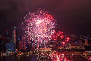 Bright fireworks on the promenade Marina Bay, Singapore.