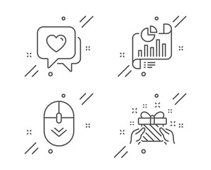 Scroll down, Heart and Report document line icons set. Gift sign. Mouse swipe, Love chat, Growth chart. Present. Business set. Line scroll down outline icon. Vector