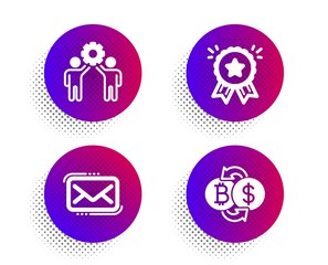 Loyalty award, Employees teamwork and Messenger mail icons simple set. Halftone dots button. Bitcoin exchange sign. Bonus medal, Collaboration, New e-mail. Cryptocurrency change. Vector
