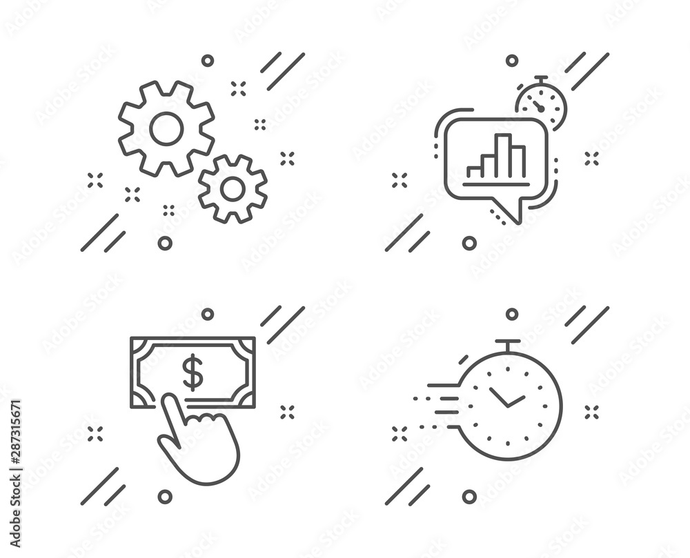 Poster payment click, statistics timer and work line icons set. timer sign. financial transfer, growth char