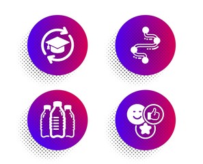 Timeline, Continuing education and Water bottles icons simple set. Halftone dots button. Like sign. Journey path, Online education, Aqua drinks. Social media likes. Business set. Vector