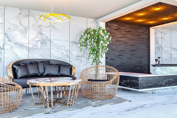 Interior of modern hotel lobby area and reception desk, 3D Rendering 