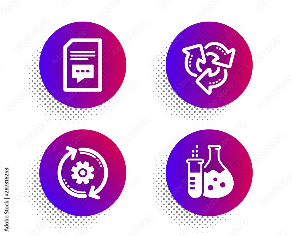 Poster comments, cogwheel and recycle icons simple set. halftone dots button. chemistry flask sign. documen