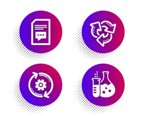 Comments, Cogwheel and Recycle icons simple set. Halftone dots button. Chemistry flask sign. Document with speech bubble, Engineering tool, Recycling waste. Laboratory. Technology set. Vector