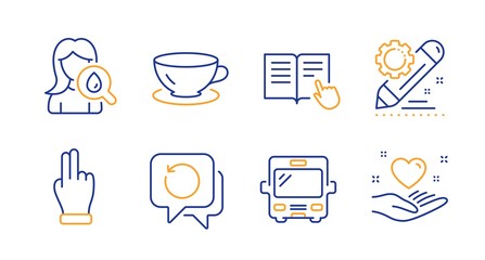 Fototapeta premium Click hand, Project edit and Espresso line icons set. Bus, Moisturizing cream and Recovery data signs. Read instruction, Hold heart symbols. Direction finger, Settings. Business set. Vector