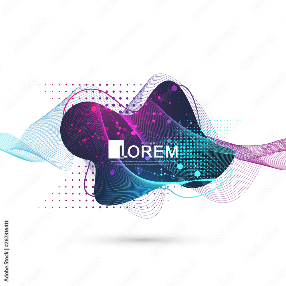 Poster Modern abstract graphic design element with geometric lines and dots, wave flow. Geometrical dynamic shape for your design. Scientific vector illustration