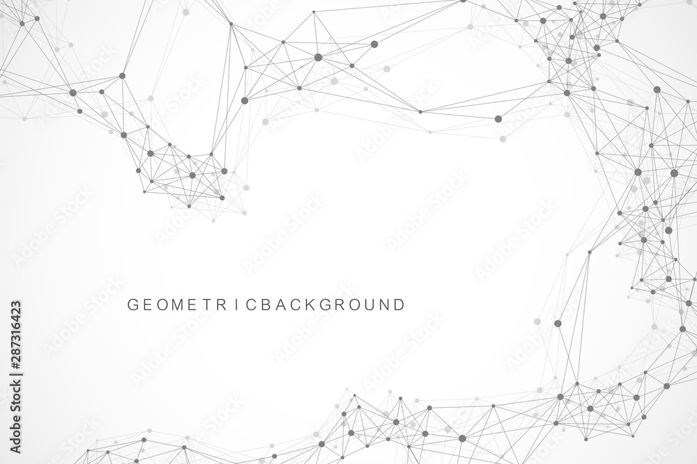 Poster Global network connection. Geometric abstract background with connected line and dots. Network and connection background for your presentation. Graphic polygonal background. Vector illustration.