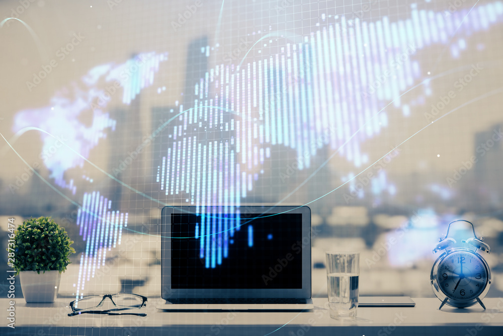 Poster double exposure of business theme icons and work space with computer background. concept of success.