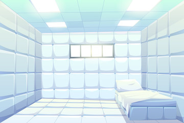Asylum, madhouse empty interior with bed, white padded soft floor and walls, glowing lamps and small window. Psychiatric clinic room for insane patient with mental disorder Cartoon vector illustration © vectorpouch