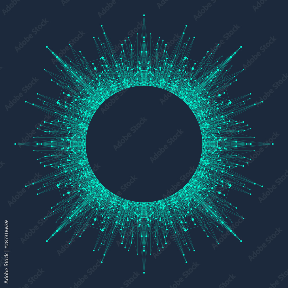 Poster Quantum computing technology concept. Deep learning artificial intelligence. Big data algorithms visualization for business, science, technology. Waves flow, dots, lines. Quantum vector illustration
