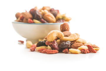 Mix of various nuts and raisins.