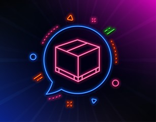 Parcel box line icon. Neon laser lights. Logistics delivery sign. Package tracking symbol. Glow laser speech bubble. Neon lights chat bubble. Banner badge with delivery box icon. Vector