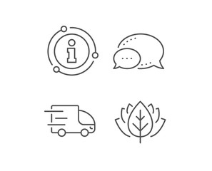 Truck delivery line icon. Chat bubble, info sign elements. Express service sign. Transportation symbol. Linear truck delivery outline icon. Information bubble. Vector