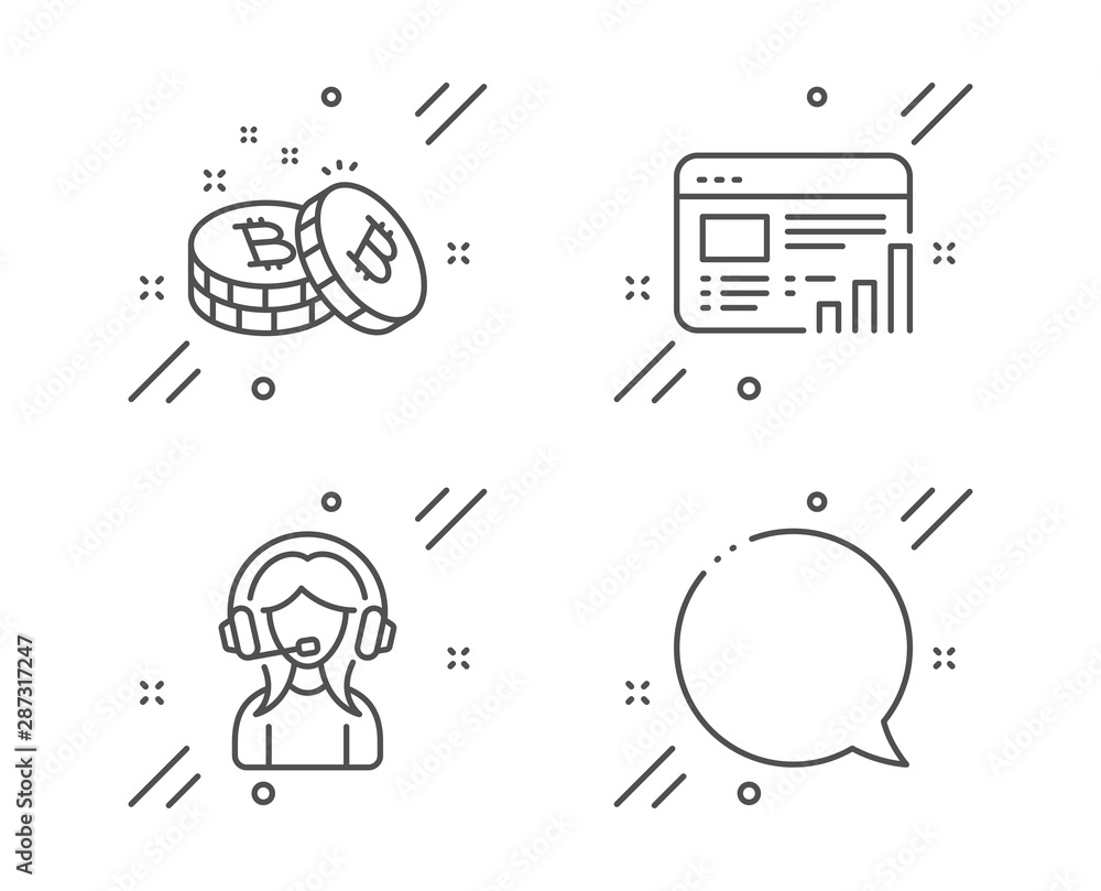 Poster support, bitcoin and web report line icons set. speech bubble sign. call center, cryptocurrency coin