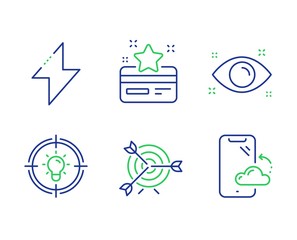 Health eye, Target and Idea line icons set. Energy, Loyalty card and Smartphone cloud signs. Optometry, Targeting, Solution. Thunderbolt. Business set. Line health eye outline icons. Vector