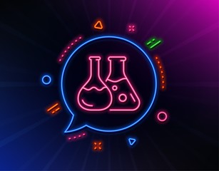 Chemistry lab line icon. Neon laser lights. Laboratory flask sign. Analysis symbol. Glow laser speech bubble. Neon lights chat bubble. Banner badge with chemistry lab icon. Vector