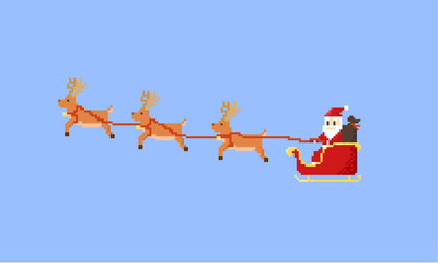 Pixel santa claus riding his flying sleigh.