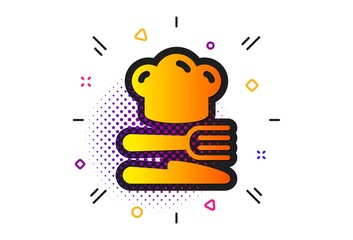 Cooking chef sign. Halftone circles pattern. Food icon. Fork, knife symbol. Classic flat food icon. Vector