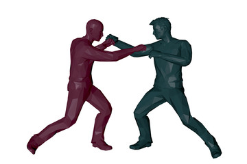 Men fighting. 3d Low poly vector illustration.