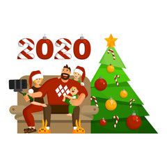 Family celebration of Christmas or New year at home. Married couple with daughter and baby son are making selfie.
