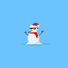 Pixel art cartoon snow man with red scarf and hat.8bit.christmas.