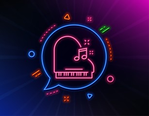 Piano line icon. Neon laser lights. Musical instrument sign. Music note symbol. Glow laser speech bubble. Neon lights chat bubble. Banner badge with piano icon. Vector