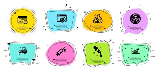 Medical syringe, Fire energy and Chemistry pipette line icons set. Chat bubbles with quotes. Chemical hazard, Seo gear and Web timer signs. Idea, Chart symbols. Vaccination, Flame. Science set. Vector