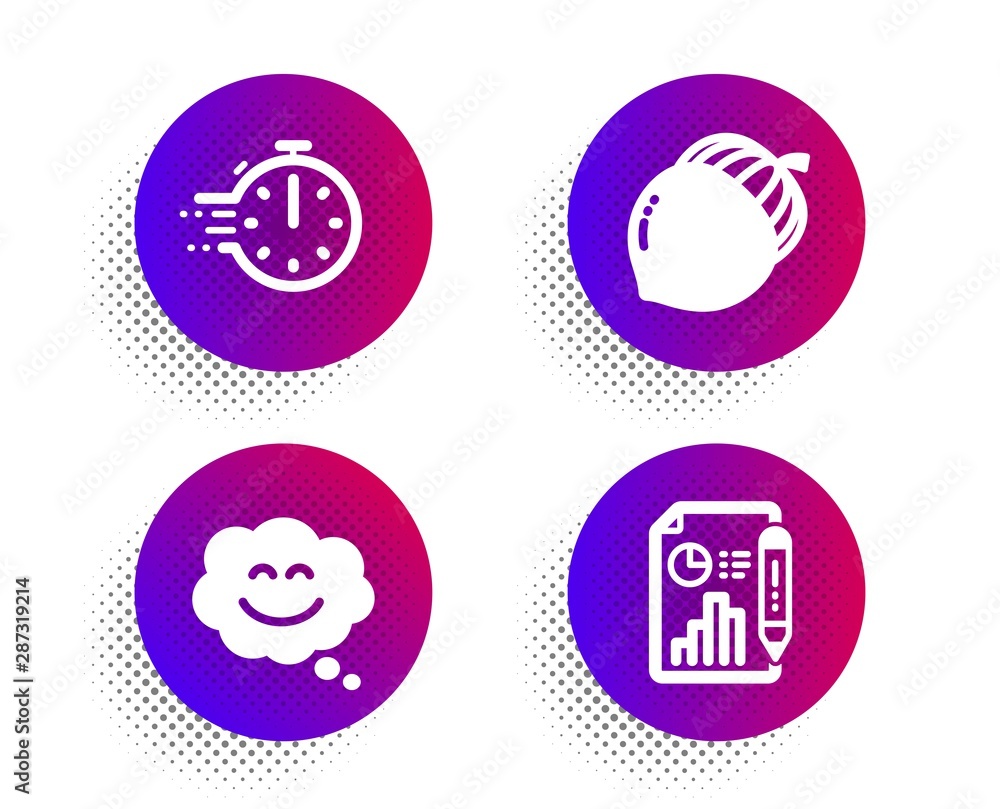 Poster smile chat, acorn and cooking timer icons simple set. halftone dots button. report document sign. ha