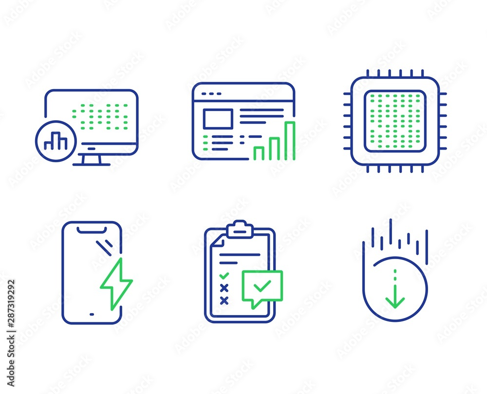 Poster cpu processor, smartphone charging and checklist line icons set. web report, report statistics and s