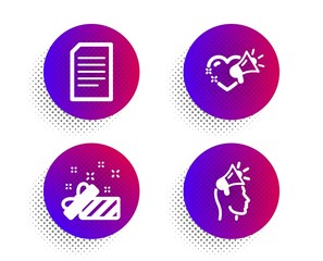Love message, Document and Present icons simple set. Halftone dots button. Brand ambassador sign. Heart, Information file, Gift. Megaphone. Business set. Classic flat love message icon. Vector