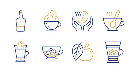 Fototapeta na wymiar Coffee, Apple and Coffee cup line icons set. Tea cup, Scotch bottle and Frappe signs. Roasted bean, Fruit. Food and drink set. Line coffee icon. Vector