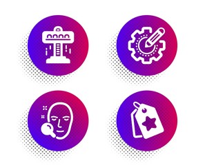 Face search, Attraction and Settings gear icons simple set. Halftone dots button. Loyalty tags sign. Find user, Free fall, Technology process. Bonus reward. Business set. Vector