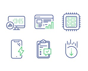 Cpu processor, Smartphone charging and Checklist line icons set. Web report, Report statistics and Scroll down signs. Computer component, Phone battery, Survey. Graph chart. Technology set. Vector