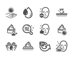 Set of Beauty icons, such as Skin condition, Skin care, 24 hours, Uv protection, Uv protection, Wash hands, Face cream, Oil drop, Sun cream, Healthy face classic icons. Skin condition icon. Vector