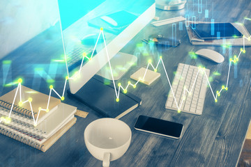 Multi exposure of chart and financial info and work space with computer background. Concept of international online trading.
