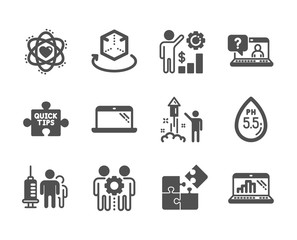 Set of Science icons, such as Fireworks, Puzzle, Medical vaccination, Augmented reality, Employees wealth, Ph neutral, Faq, Laptop, Graph laptop, Atom, Employees teamwork, Quick tips. Vector