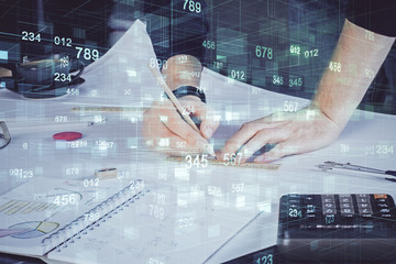 Man hands with data theme double exposure icons.