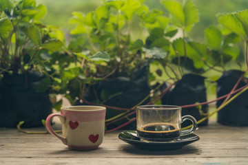 Coffee espresso and Hot tea cup texture   heart on wood table nature background