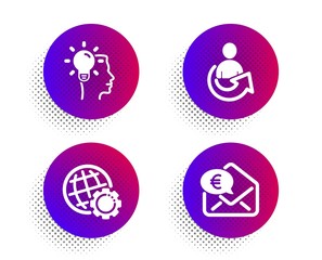 Idea, Globe and Share icons simple set. Halftone dots button. Euro money sign. Professional job, Internet settings, Referral person. Receive cash. Technology set. Classic flat idea icon. Vector