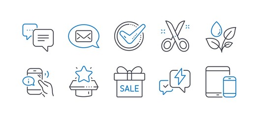 Set of Business icons, such as Call center, Dots message, Messenger, Winner podium, Confirmed, Plants watering, Sale offer, Scissors, Lightning bolt, Mobile devices line icons. Vector