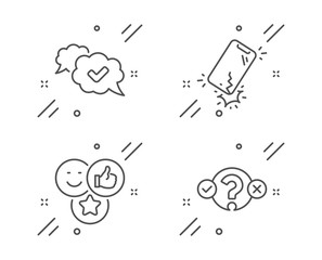 Like, Approved and Smartphone broken line icons set. Quiz test sign. Social media likes, Comic message, Phone crack. Select answer. Technology set. Line like outline icon. Vector