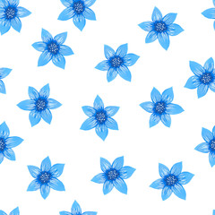 Fototapeta premium Blue flower seamless pattern isolated on white. Hand drawn illustration of blue gouache on white paper. Can be used for postcards, packaging, banner, web background.