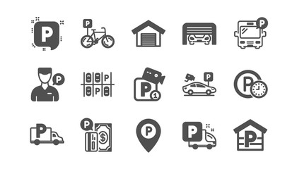 Parking icons. Garage, Valet servant and Paid parking. Car transport park place classic icon set. Quality set. Vector