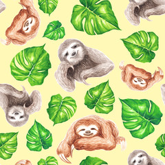 seamless pattern hand drawn watercolor realistic monstera and sloth on yellow square background. Raster seamless print on the theme of the tropics on a light yellow background. © Kamila Bay