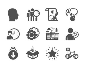 Set of Business icons, such as Head, Bicycle parking, Get box, Creative painting, Elephant on ball, Hotel, Search people, Working hours, Settings gears, Find user, Scroll down, Rank star. Vector