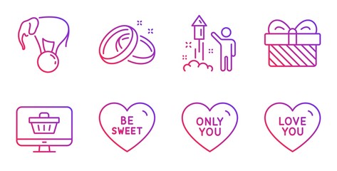 Wedding rings, Be sweet and Fireworks line icons set. Gift, Elephant on ball and Only you signs. Web shop, Love you symbols. Love, Party pyrotechnic. Holidays set. Gradient wedding rings icon. Vector