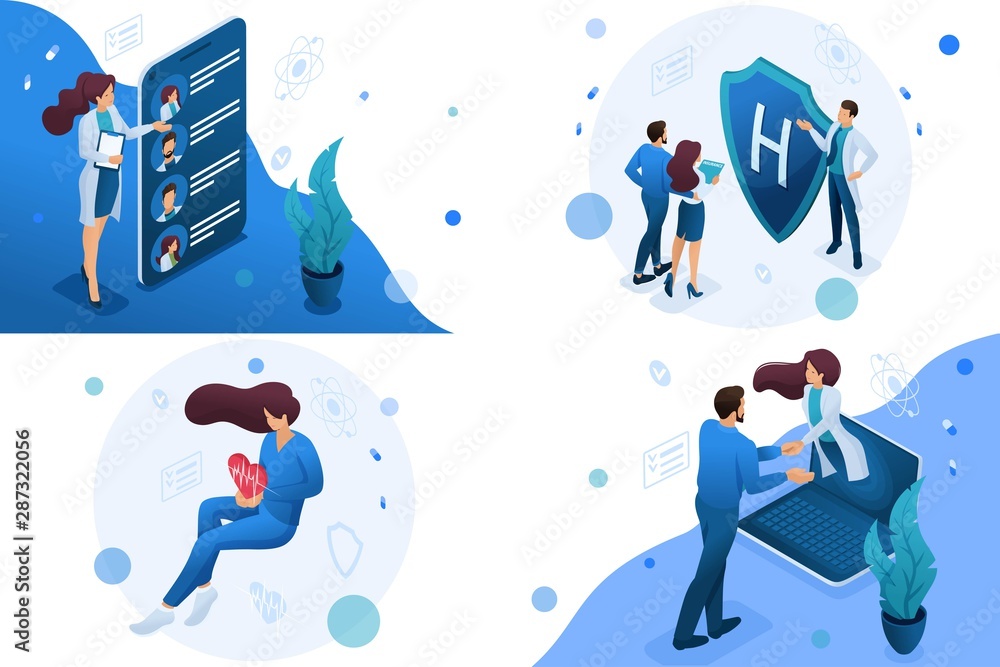 Poster set of isometric concepts work of doctors for the preservation and promotion of health. for concept 